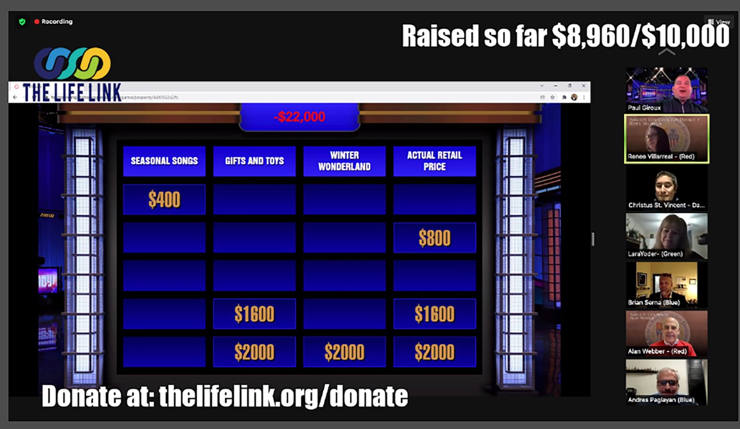 Screen shot during The Life Link’s 2021 Live Online Jeopardy Game, hosted by the Santa Fe New Mexican. The event raised more than $10,000 for a charity that helps the homeless, those with mental health and substance abuse challenges and survivors of human trafficking to improve their health and living conditions.